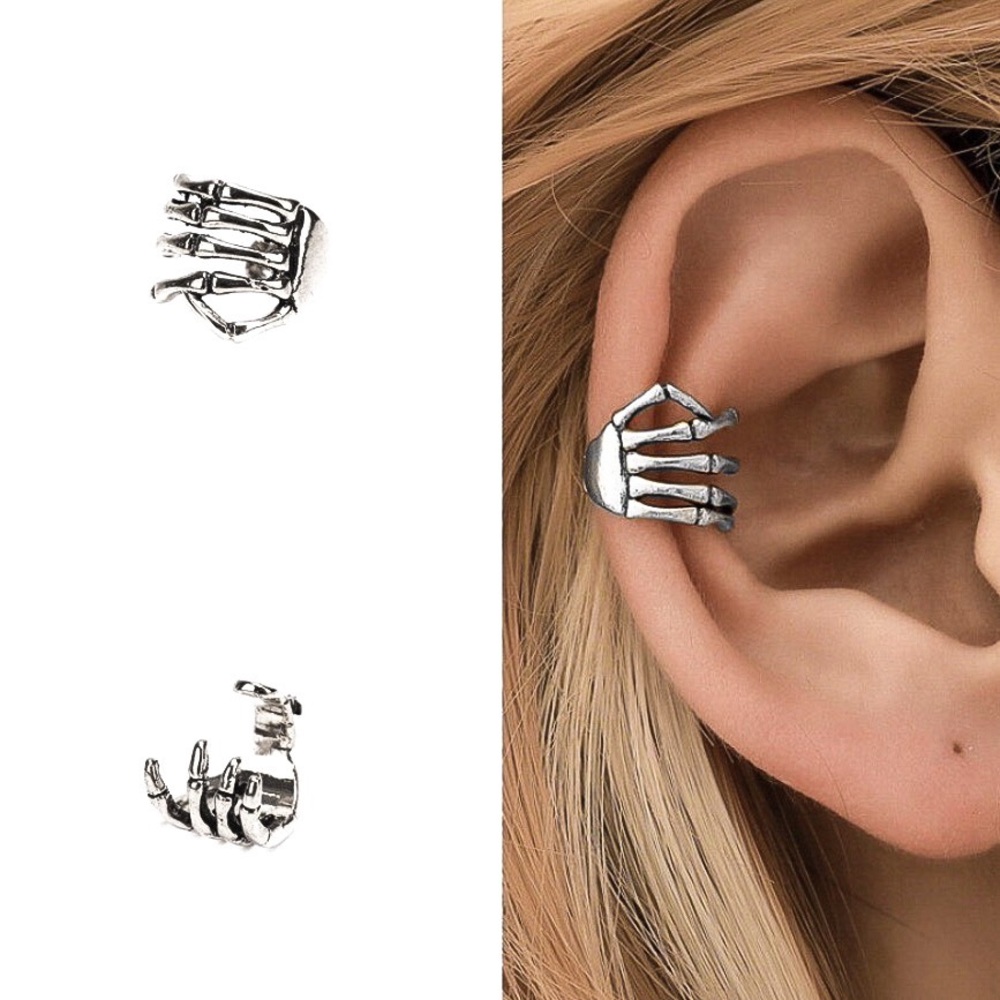 Set of 2 Silver Skeleton Hand Ear Cuff Earrings